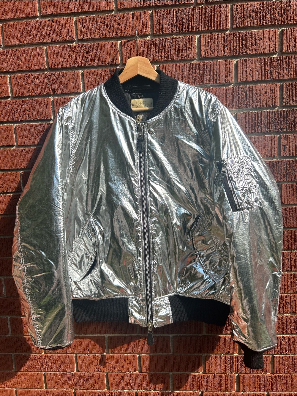 Monitaly Metallic Silver Flight Bomber Jacket Made in USA Size 44